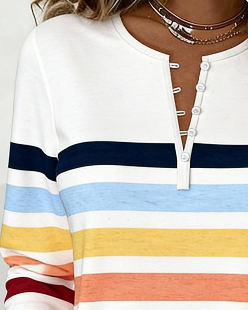Button-Down V-Neck Rainbow Print Top