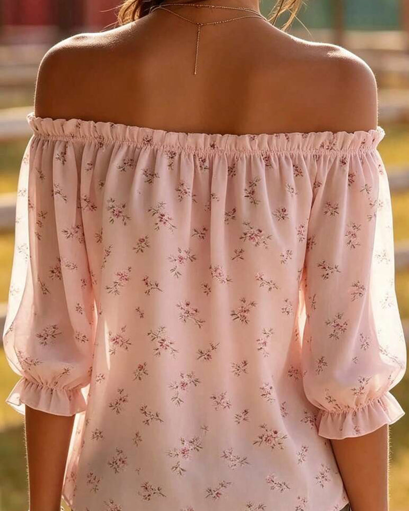 Off-Shoulder Floral Three-Quarter Sleeve Blouse