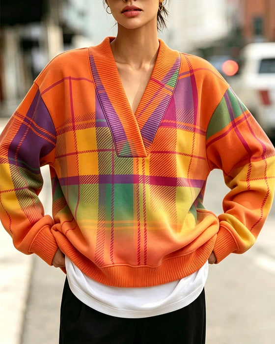 V-Neck Plaid Casual Sweatshirt