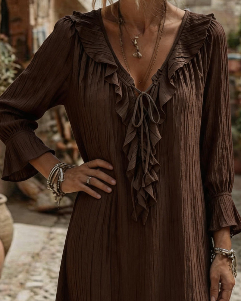 Ruffle Collar Tie Three Quarter Sleeve Dress