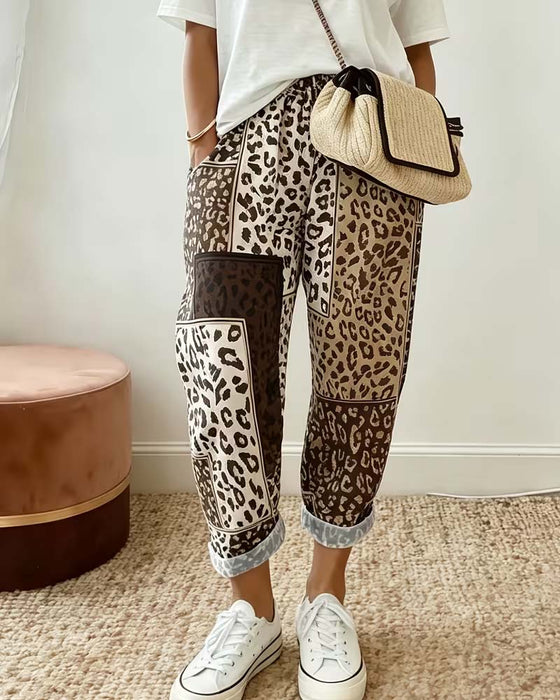 Leopard Print Plaid Contrast Patchwork Casual Pants