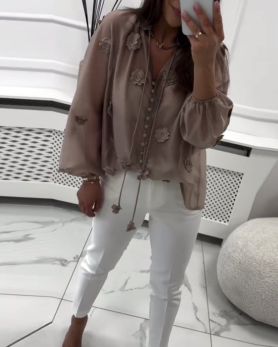 Solid Color 3D Floral Lace-Up Blouse