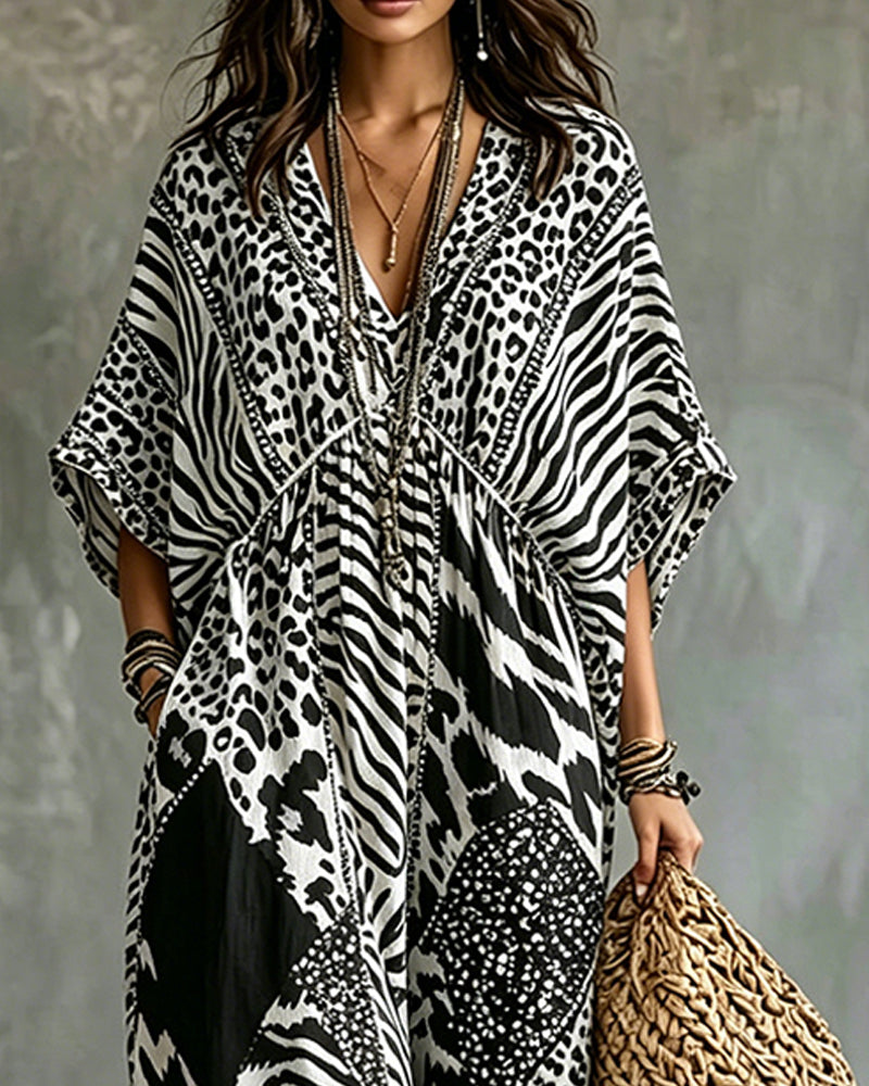 V-Neck Leopard Print Bat Sleeve Dress