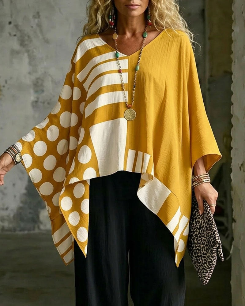 Polka Dot Stripe Patchwork V Neck Blouse