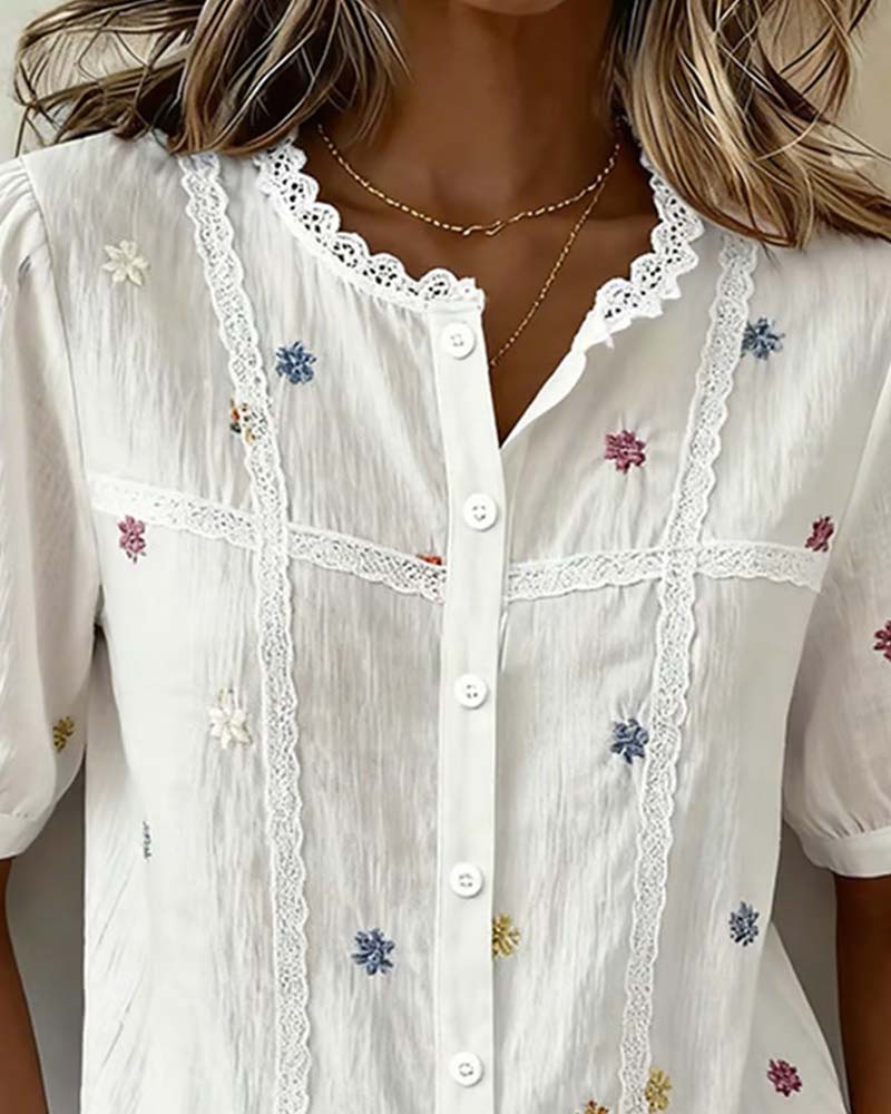 Button-Down Lace Spliced Shirt