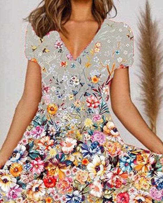 Short-Sleeved V-Neck Floral Dress