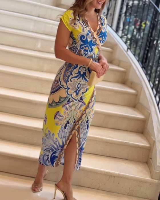 Vintage print v-neck elegant dress