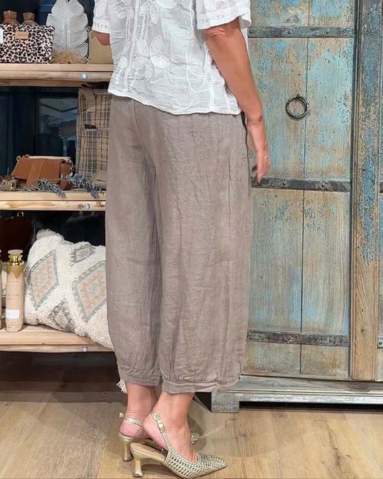 Elastic Waist Pocket Wide Leg Cropped Pants