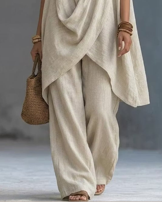 Sleeveless V-Neck Crossover Straight Pants Set