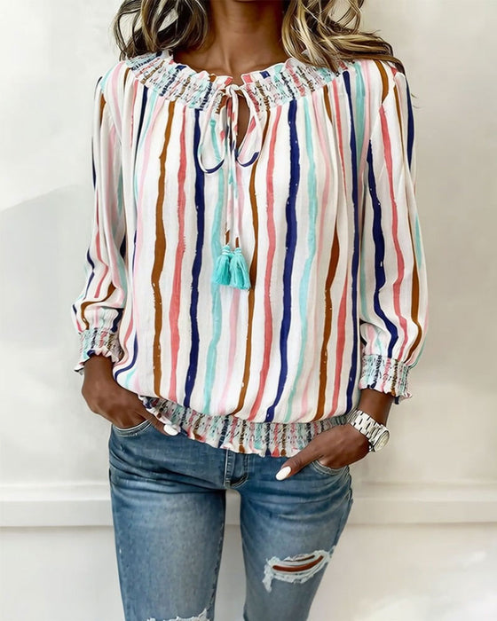 Color Block Stripe Drawstring Blouse