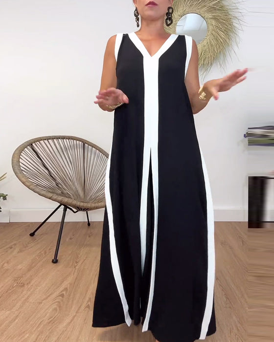 Fashionable contrasting print V-neck sleeveless dress