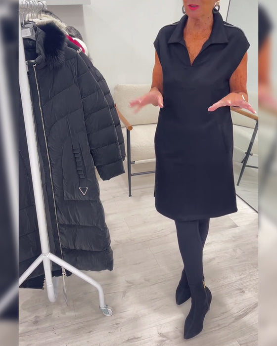 Sleeveless Lapel Pocket Solid Dress