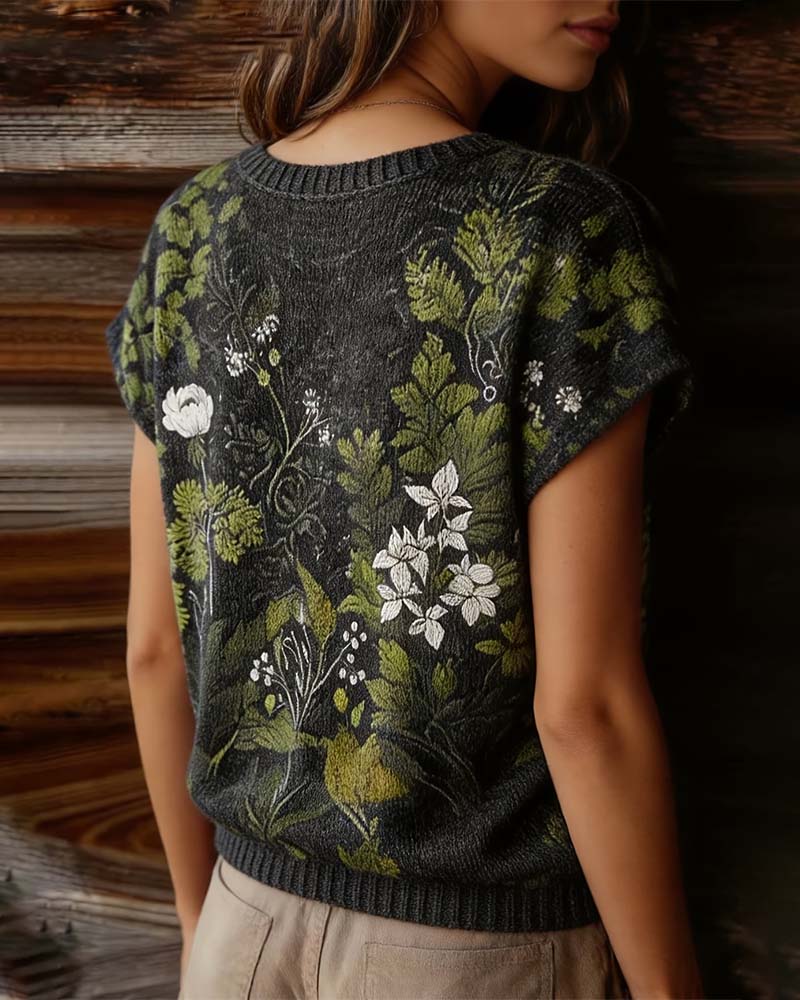 Crew Neck Knit Print Short T-Shirt