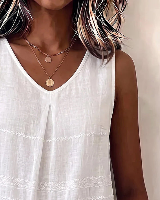 Solid-Color V-Neck Pleated Tank Top