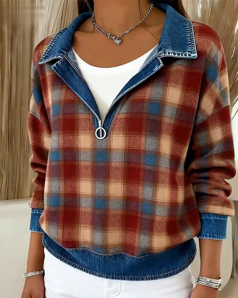 Women'S Casual Lapel Denim Patchwork Plaid Print Pullover Sweatshirt