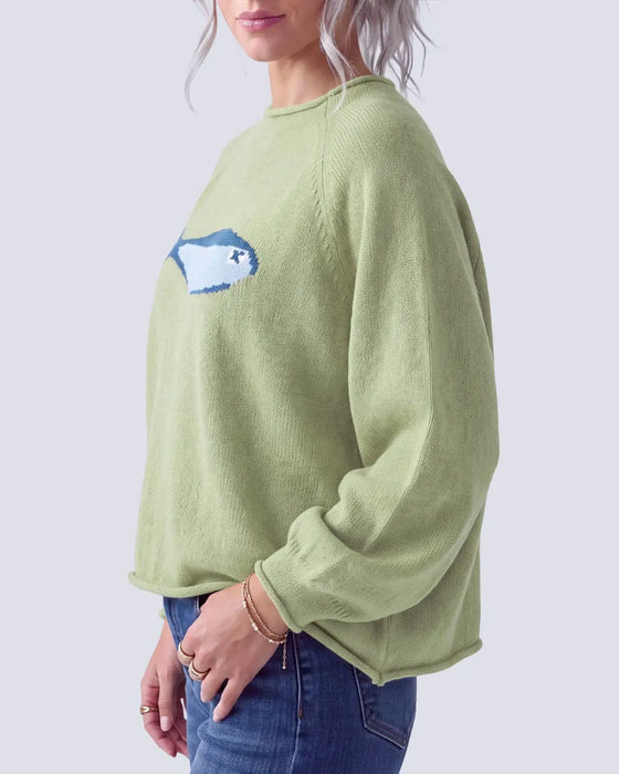 Crew Neck Fish Print Drop Shoulder Pullover