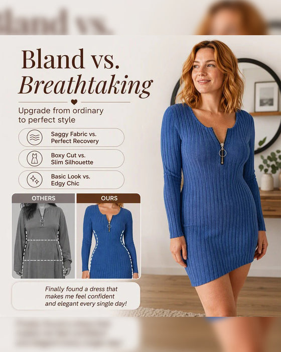 Zipper Ribbed Long Sleeve Bodycon Dress