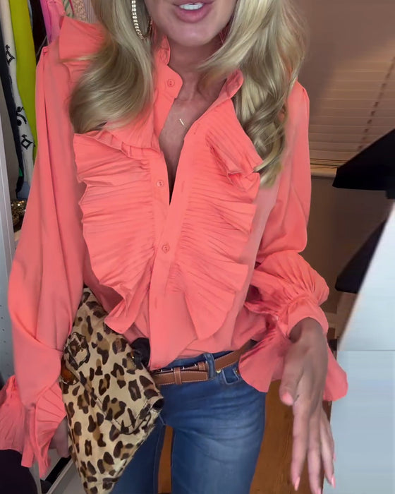 Patchwork ruffle solid color long-sleeve top