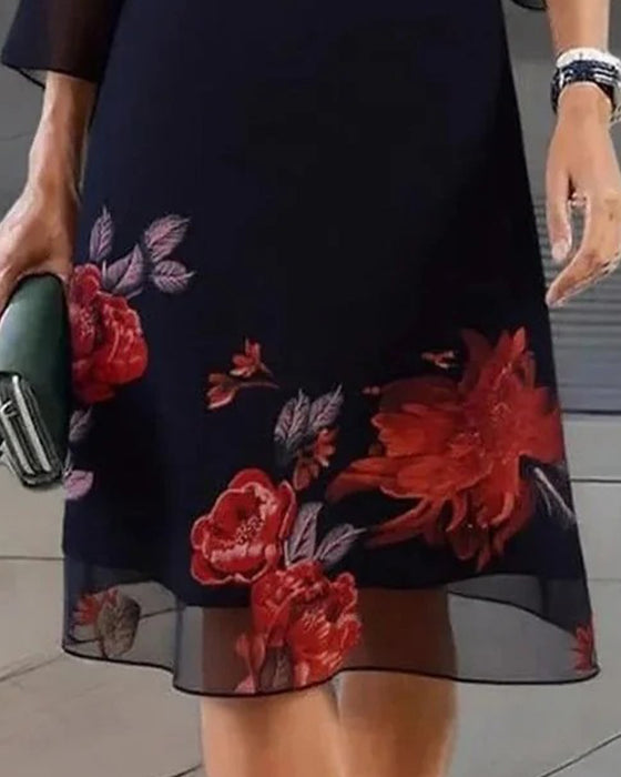 Crew Neck Sheer Floral Loose Dress