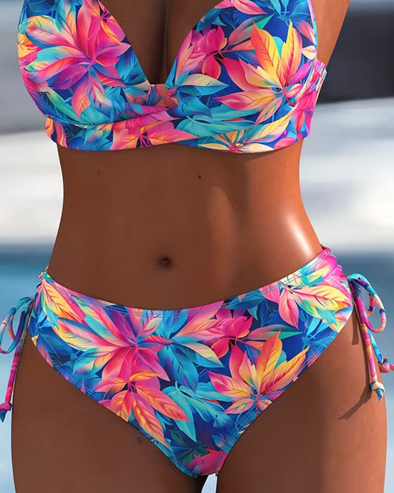 Colorful Tropical Plant Print Bikini