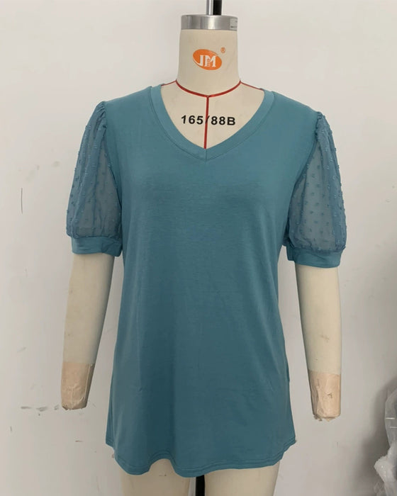 Solid Mesh Puff Sleeve Blouse