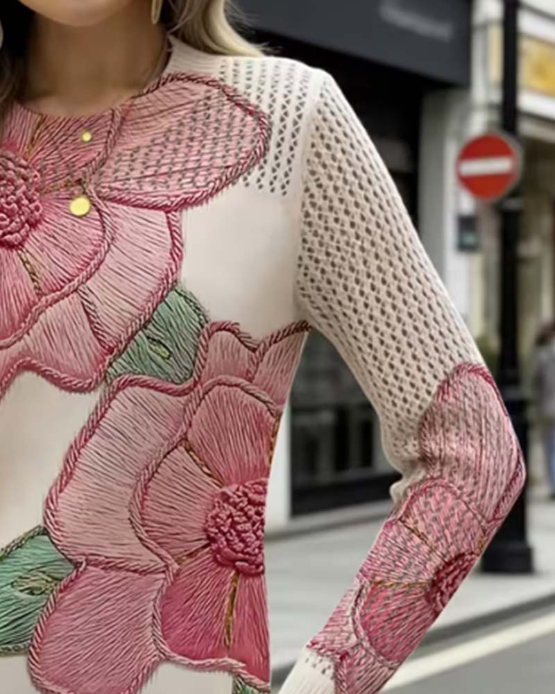 Flower Pattern Casual Long Sleeve Pullover