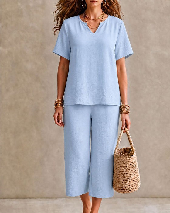 Short Sleeve Top and Cropped Pants Set