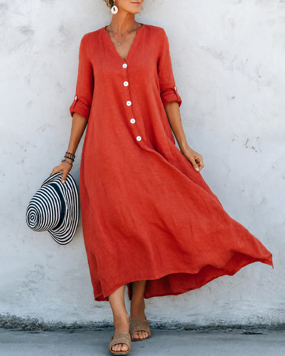 V-Neck Button A-Line Long Dress