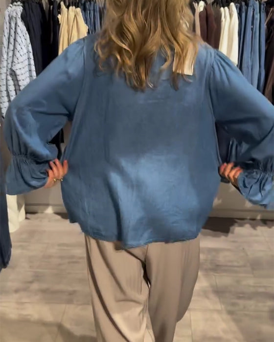 Ruffle Trim Tie-Up Denim Blouse