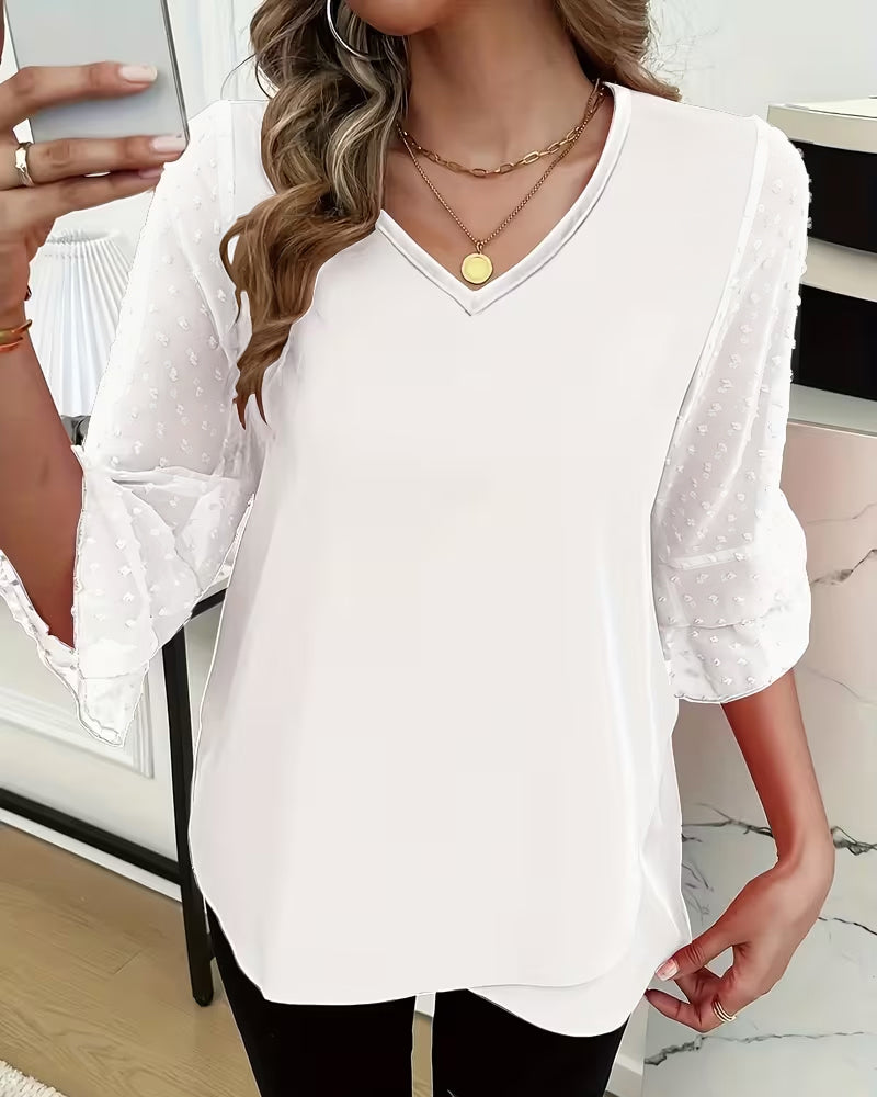 V-Neck Ruffled Sleeve 3D Floral Blouse