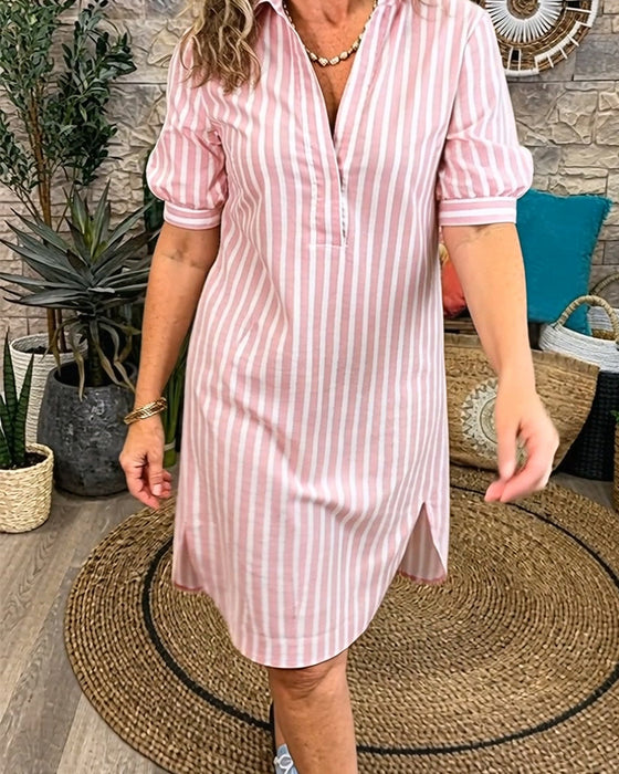 Lapel Stripe Slit Dress