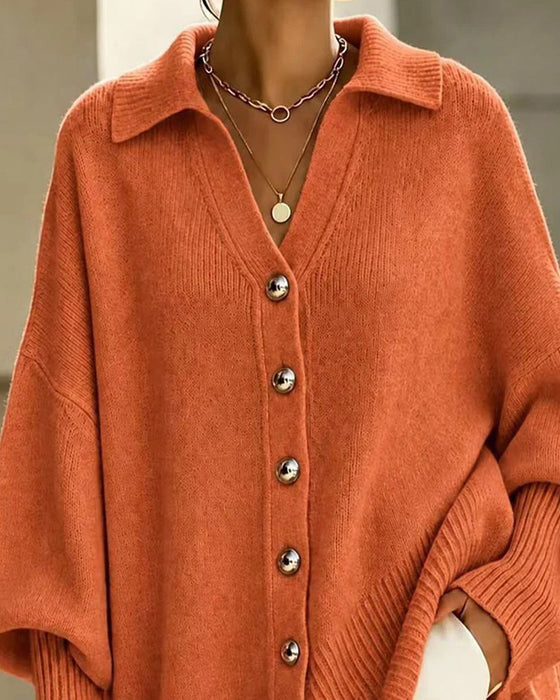 Lapel V-Neck Button Down Loose Cardigan