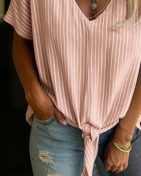 Vertical Striped V-Neck Knot T-Shirt