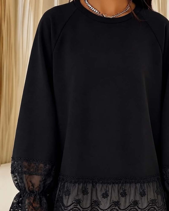 Patchwork Long Sleeve Crew Neck Blouse