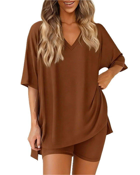 Relaxed Solid V-Neck Two-Piece Set