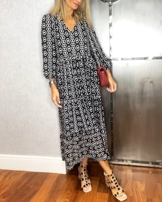 Geometric print V-neck elegant long dress