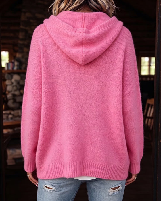 Elbow-Length Sleeve Hooded Single-Breasted Cardigan