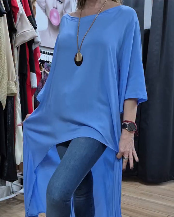 Three-Quarter Sleeve Irregular Solid Loose Top