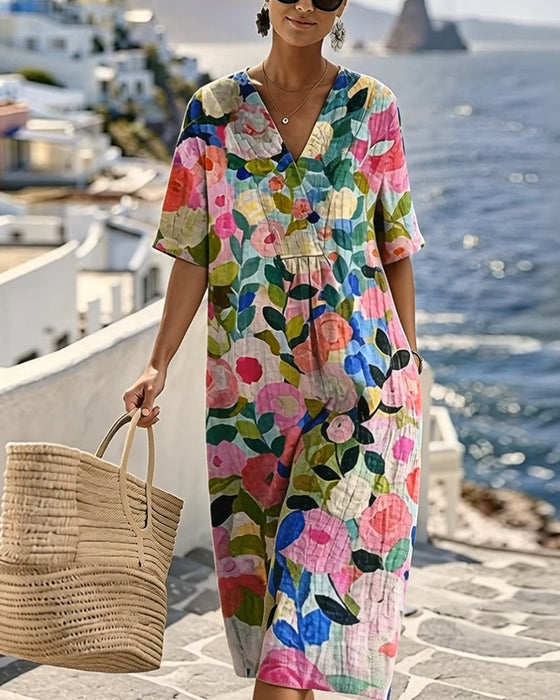 Watercolor Floral V-Neck Dress