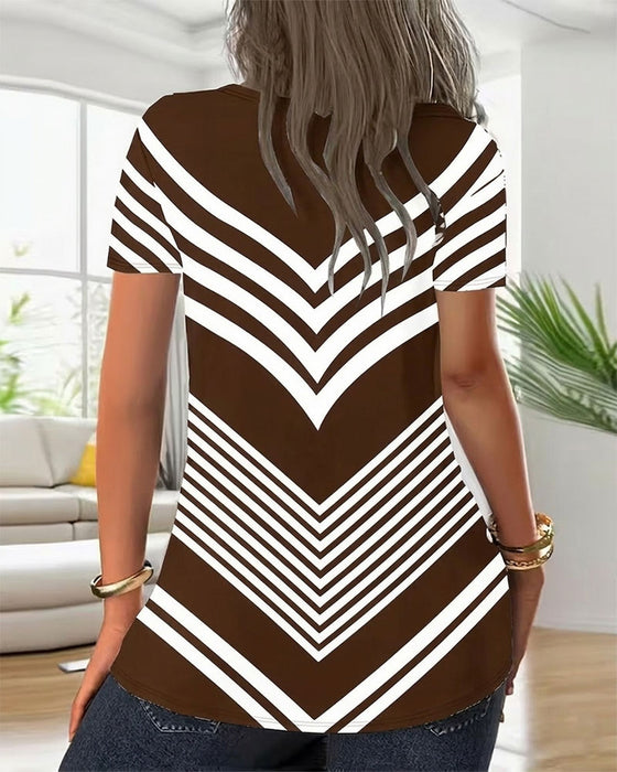 Zipper V-Neck Striped T-Shirt