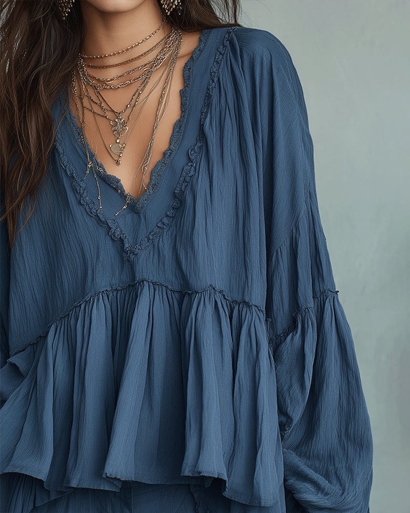 Bohemian-Style Puff Sleeve V-Neck Blouse