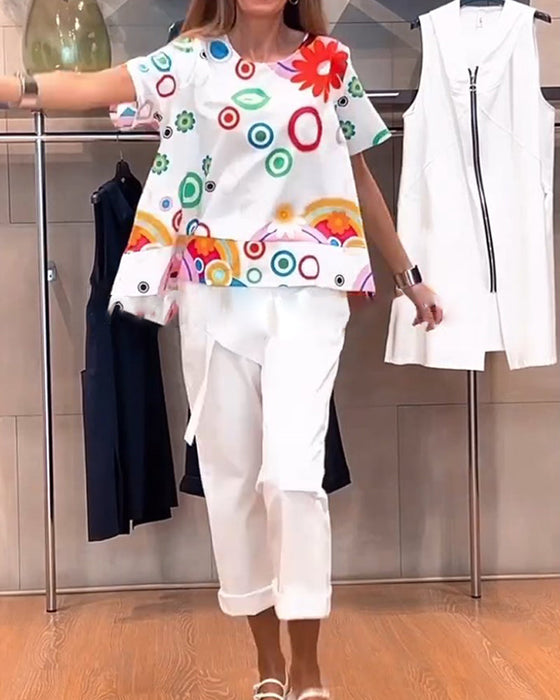 Printed round neck short sleeve casual top