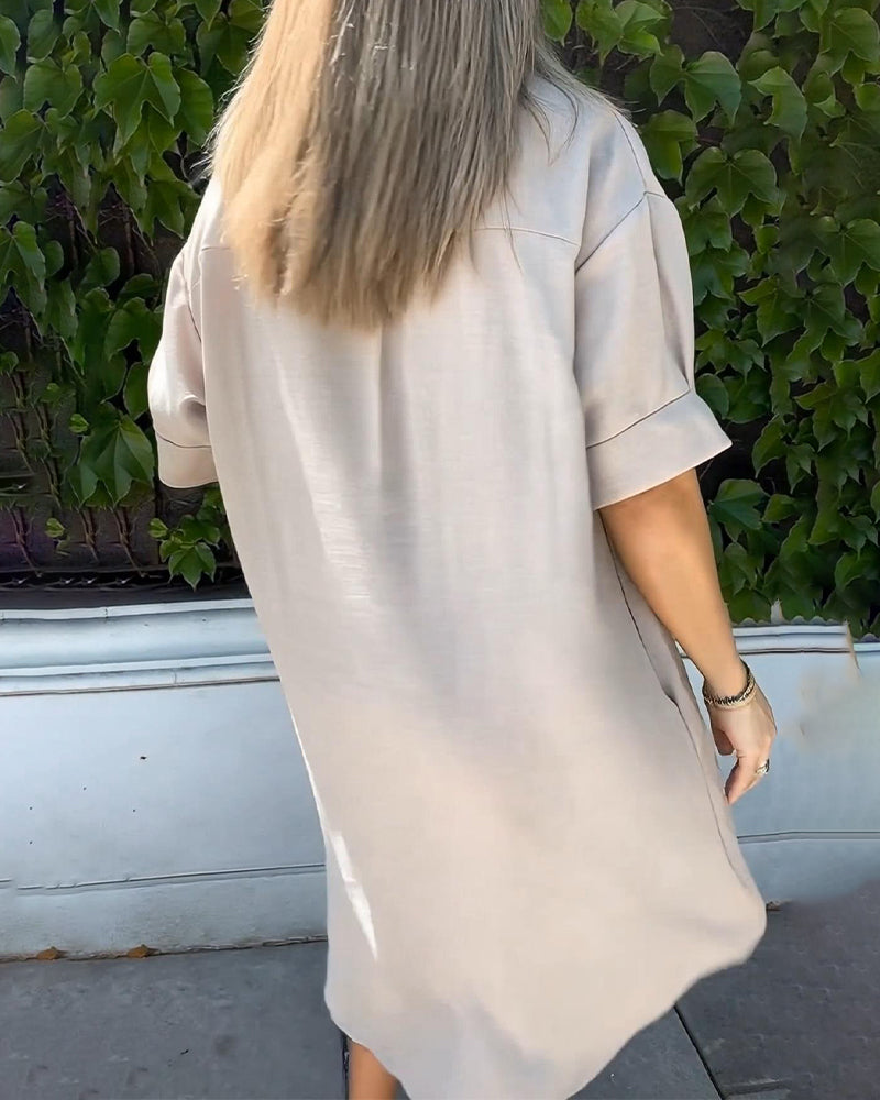 Solid Color Button-Down Slit Shirt Dress
