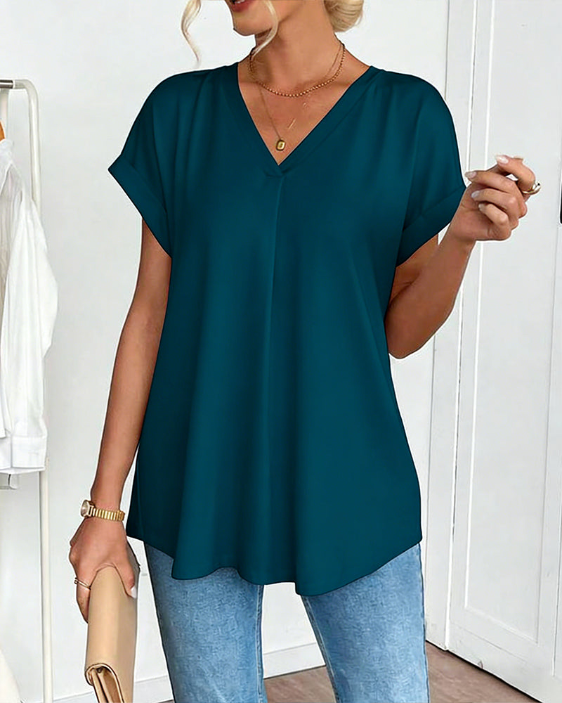 Short-Sleeved Solid Color Patchwork T-Shirt