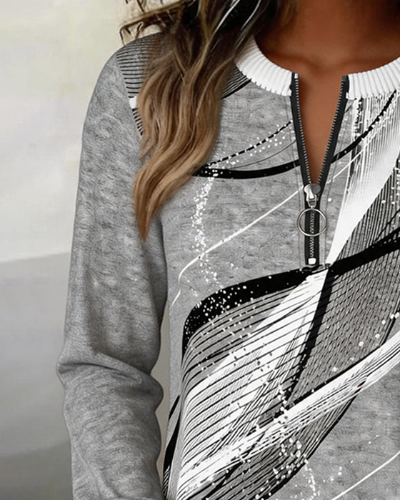 Crew Neck Zip Line Long Sleeve Sweatshirt