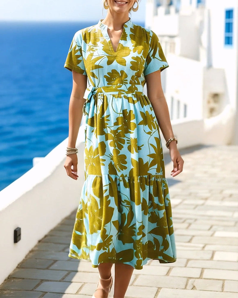 Color Block Large Floral Waist Tie Dress