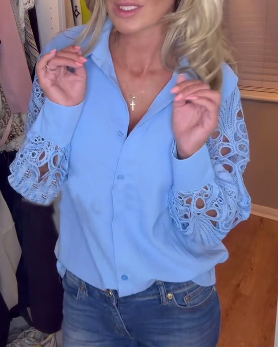 Lapel lace sleeve solid color shirt