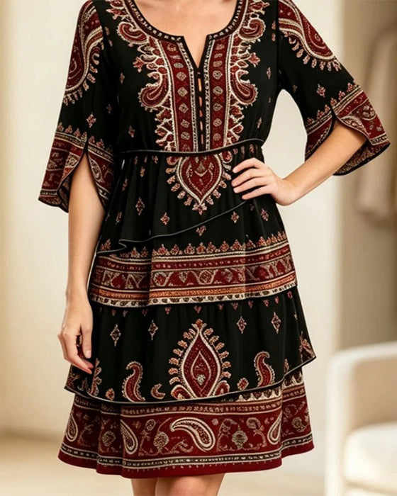 Printed Crew Neck Short-Sleeve Dress