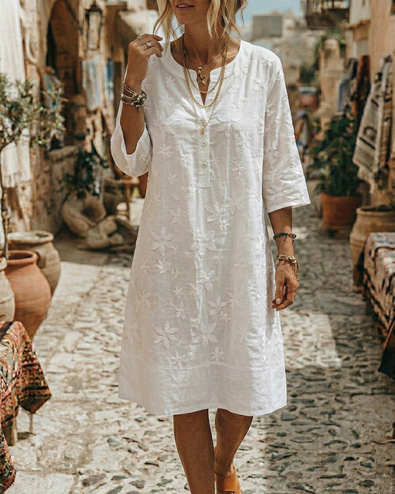 Crewneck Button Embroidery Loose Dresses