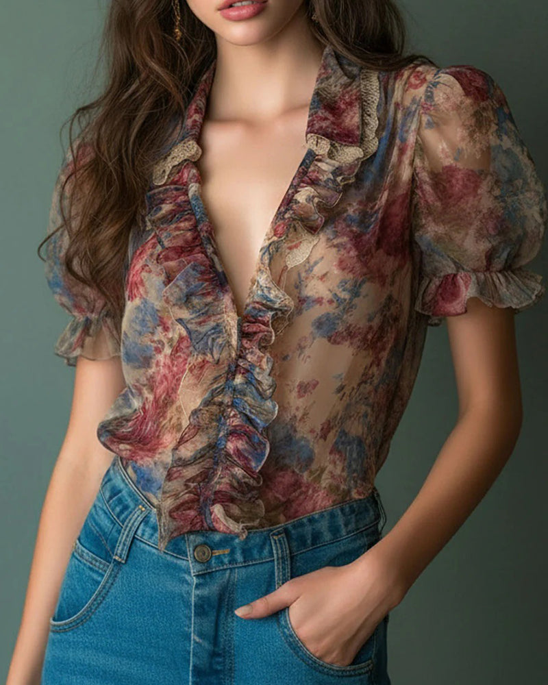 Lotus Leaf Deep V Floral Blouse